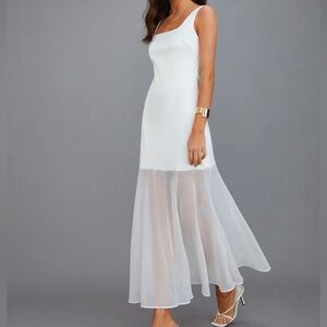 White satin-like dress with sheer mermaid tail, Commense new with tags